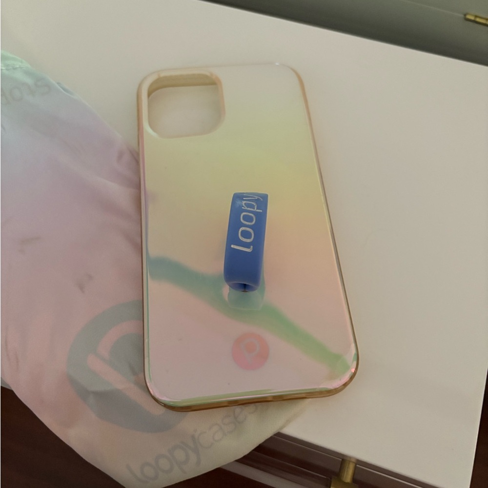 Loopy Case Iridescent Pearl Phone Cover with Blue Loop.